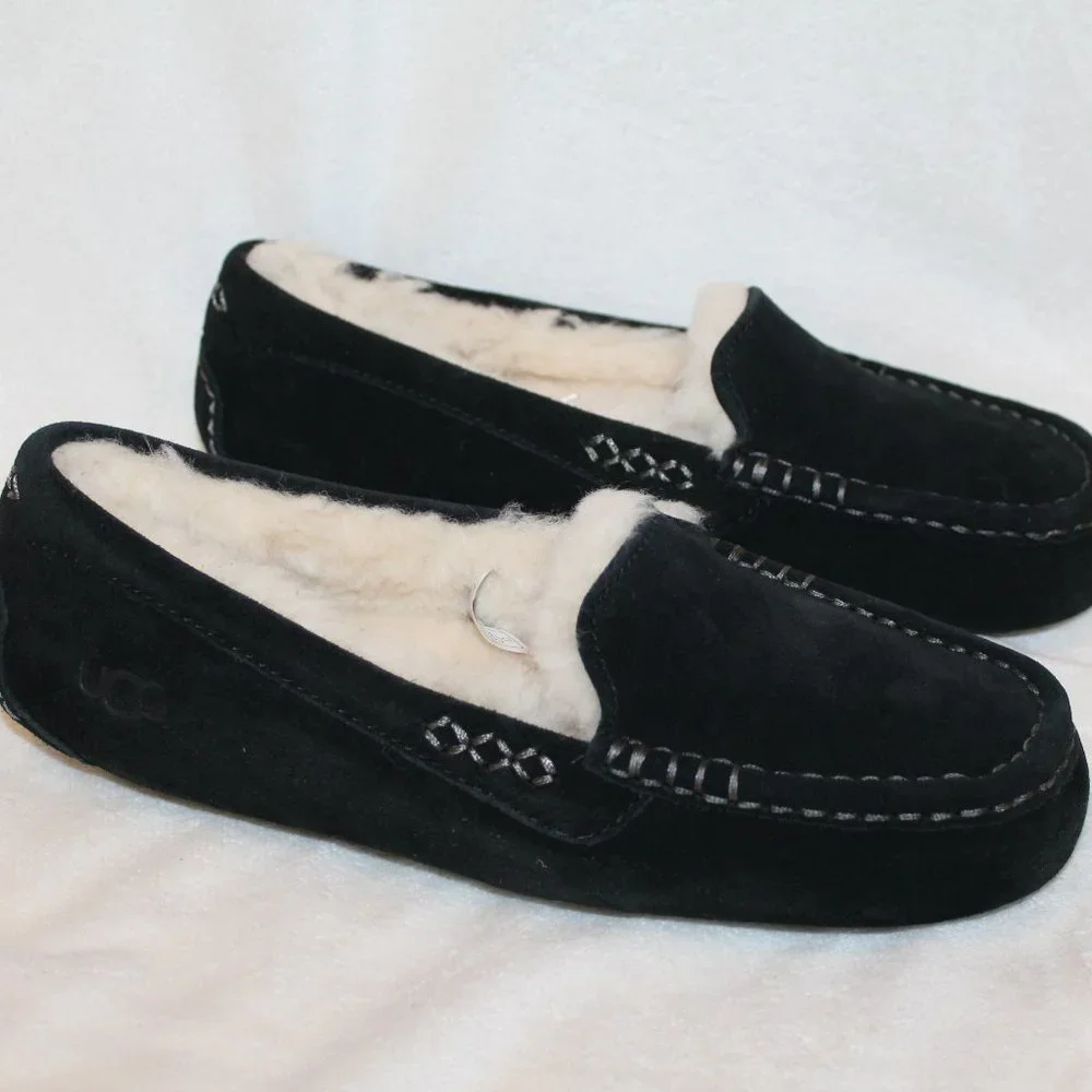 NEW UGG WOMEN'S ANSLEY SUEDE SHEARLING‎ LINED MOCCASSIN SLIPPERS BLACK - Picture 2 of 6